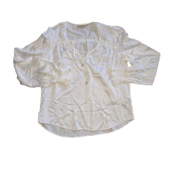 Go By Go Silk V-Neck Flowy White Elastic Cuffs L Lightweight Popover 100% Silk - Picture 1 of 8